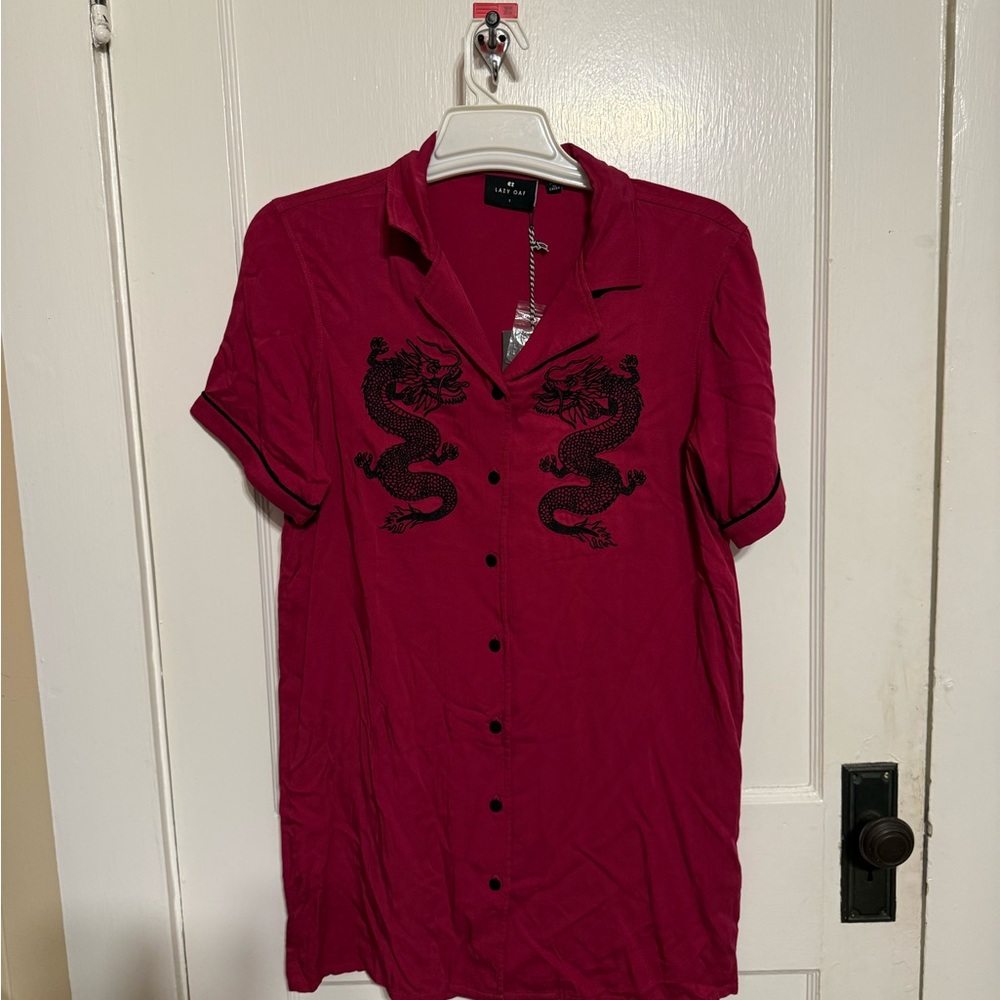 Lazy Oaf Red Short-Sleeve Button-Down Dress with Black Dragon Embroidery